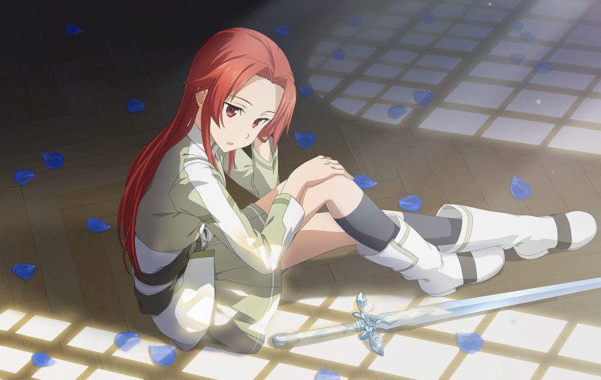 1girl black_socks cropped_jacket full_body green_jacket green_skirt hair_intakes hand_in_own_hair hand_on_own_knee indoors jacket long_hair long_sleeves miniskirt open_mouth petals pleated_skirt red_eyes red_hair school_uniform shirt sitting skirt socks solo straight_hair sword sword_art_online sword_art_online:_alicization sword_mastery_academy_school_uniform tiese_schtrinen very_long_hair weapon white_footwear white_shirt