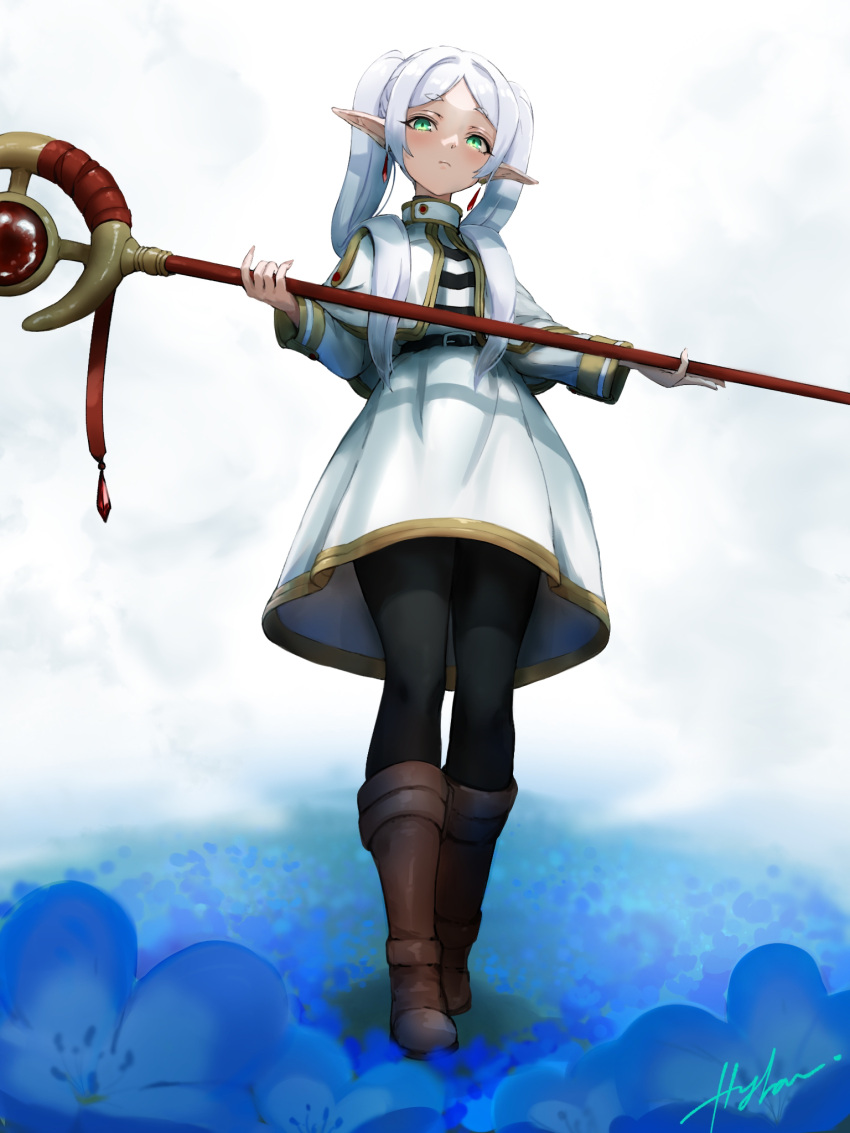 1girl boots elf flower frieren full_body green_eyes highres holding holding_staff hylran0427 knee_boots leggings long_hair pointy_ears solo sousou_no_frieren staff twintails