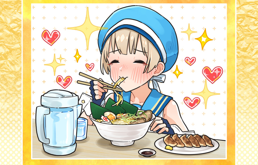 1boy black_gloves blonde_hair blue_collar blue_headwear blue_sailor_collar blush border bowl chopsticks closed_eyes collar crossdressing cup earrings fingerless_gloves food gloves gradient_border hat heart holding holding_chopsticks jewelry male_focus mubo noodles orange_border original otoko_no_ko plate ramen sailor_collar sailor_hat school_uniform serafuku shirt sleeveless star_(symbol) table upper_body water white_background white_shirt wrist_cuffs yellow_border yellow_eyes