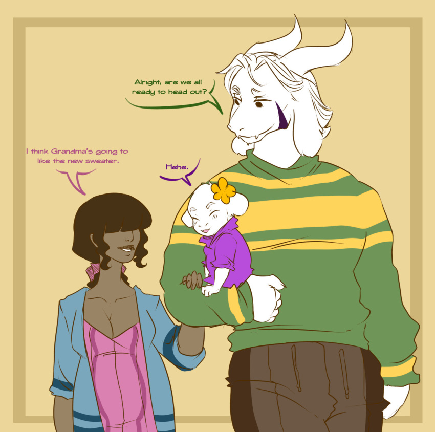 2_horns 5_fingers accessory ambiguous_gender anthro asriel_dreemurr boss_monster bottomwear bovid breasts brown_hair caprine carrying_another child cleavage clothed clothing dark_body dark_skin dialogue duo english_text female fingers flower flower_in_hair frisk_(undertale) fur hair hair_accessory hair_over_eyes hi_res horn human interspecies_relationship larger_anthro larger_male long_ears luukahaze male male/female mammal pants parent plant size_difference smaller_female smaller_human smile speech_bubble standing sweater text topwear undertale undertale_(series) white_body white_fur white_hair young