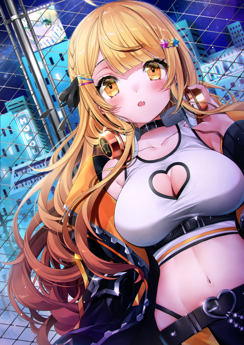 1girl absurdres ahoge bare_shoulders belt black_choker black_jacket blonde_hair breasts chain-link_fence choker cleavage cleavage_cutout clothing_cutout crop_top dutch_angle fang fence hand_up headphones headphones_around_neck heart_cutout highleg highres hololive jacket large_breasts long_hair long_sleeves looking_at_viewer makinan midriff navel off_shoulder open_clothes open_jacket open_mouth panty_straps shirt sleeveless sleeveless_shirt solo stomach tank_top upper_body very_long_hair white_shirt yellow_eyes yozora_mel yozora_mel_(7th_costume)