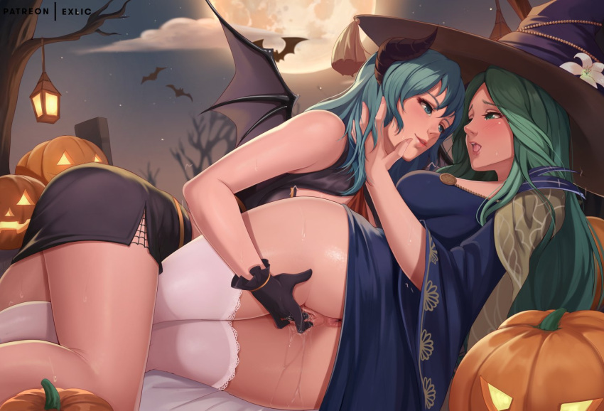 2girls anus black_gloves breasts byleth_(female)_(fire_emblem) byleth_(fire_emblem) demon_costume demon_girl dress exlic eye_contact feet_out_of_frame fingering fire_emblem fire_emblem:_three_houses fire_emblem_heroes full_moon gloves green_hair halloween_costume hat jack-o'-lantern lantern large_breasts looking_at_another lying microdress miniskirt moon multiple_girls night official_alternate_costume on_side outdoors pencil_skirt pussy rhea_(fire_emblem) rhea_(halloween)_(fire_emblem) side_slit skirt thighhighs tree uncensored white_thighhighs witch witch_hat yuri