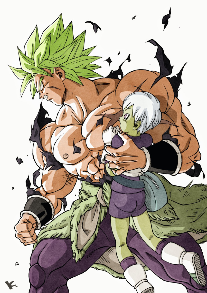 1girl blank_eyes bowl_cut broly_(dragon_ball_super) colored_skin dragon_ball dragon_ball_super dragon_ball_super_broly gloves green_hair green_skin highres holding_to_chest kakeru_(dbskakeru) legendary_super_saiyan pants purple_eyes purple_pants scar shorts skin_tight spiked_hair super_saiyan topless_male torn_clothes white_hair