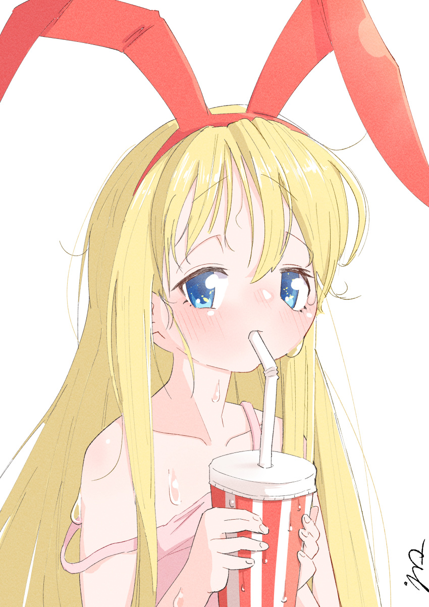 1girl absurdres amae_koromo animal_ears blonde_hair blue_eyes blush collarbone commentary drink drinking drinking_straw emma_(3one3o) hairband highres holding holding_drink hot looking_at_viewer messy_bangs messy_hair off_shoulder pink_tank_top rabbit_ears red_hairband saki signature simple_background strap_slip sweat tank_top upper_body very_sweaty white_background
