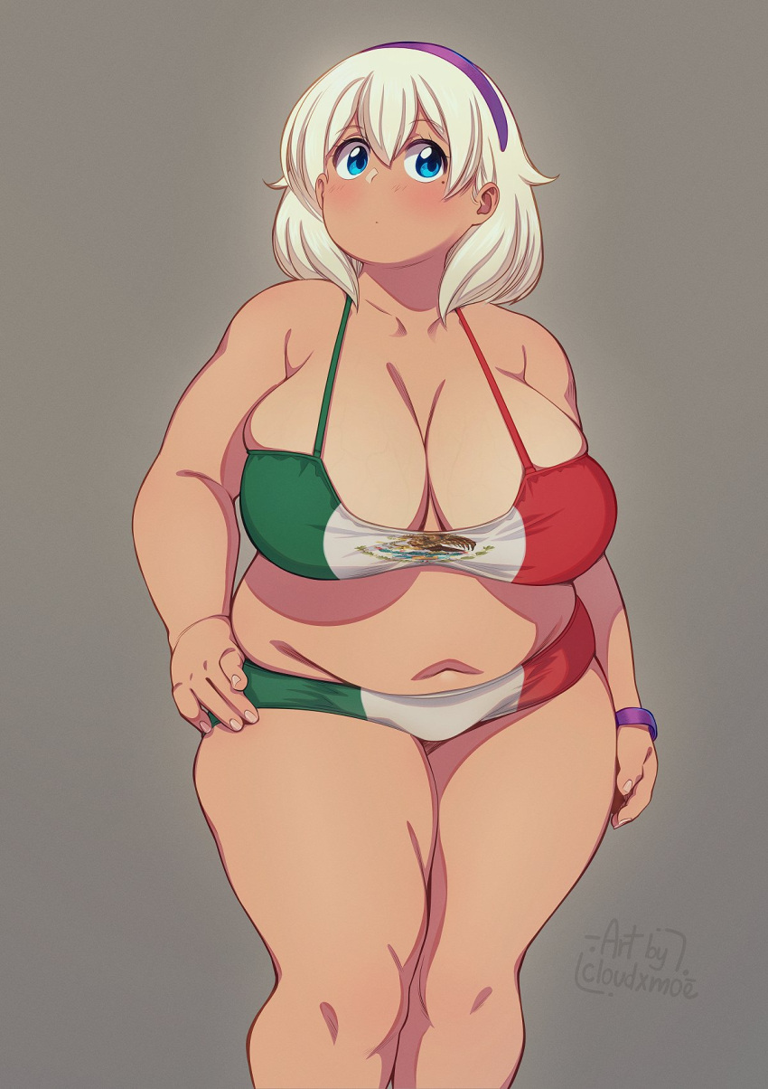 1girl arms_at_sides artist_name bikini blonde_hair blue_eyes blush breasts cloudxmoe collarbone commentary_request contrapposto dot_mouth english_text feet_out_of_frame green_bikini hairband hand_on_own_hip highres huge_breasts looking_at_viewer medium_hair mexican_flag_bikini mexican_flag_print mole mole_under_eye navel original plump purple_hairband purple_wristband red_bikini simple_background solo spanish_commentary swimsuit tareme thick_arms thick_thighs thighs white_bikini