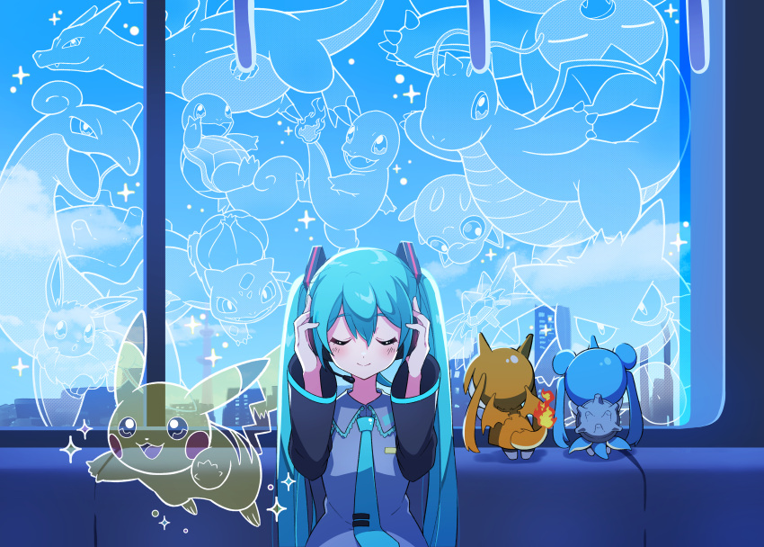1girl absurdres bulbasaur charizard charmander closed_eyes closed_mouth collared_shirt commentary_request crossover dragonite eevee facing_viewer gengar green_hair green_necktie grey_shirt hands_up hatsune_miku highres jigglypuff lapras long_hair long_sleeves necktie pikachu pokemon pon_yui project_voltage shirt smile snorlax sparkle squirtle starmie twintails vocaloid