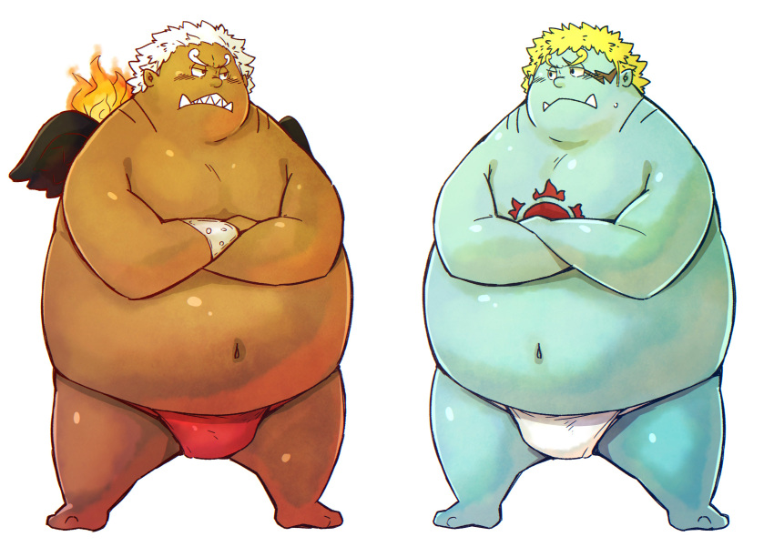 2023 absurd_res asian_clothing belly big_belly blonde_hair blue_body chiro_(artist) clothing duo east_asian_clothing fish-men_(one_piece) fundoshi hair hi_res japanese_clothing jinbe kemono male marine one_piece overweight overweight_male red_clothing red_fundoshi red_underwear s-shark simple_background underwear white_background white_clothing white_fundoshi white_hair white_underwear young