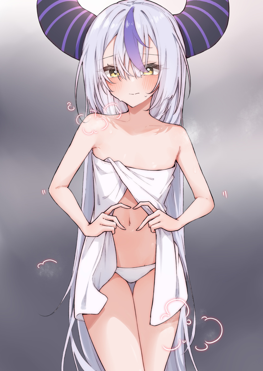 1girl absurdres airenif blush breath closed_mouth commentary cowboy_shot demon_girl demon_horns flat_chest grey_background hair_between_eyes heart heart_hands highres hololive horns la+_darknesss long_hair looking_at_viewer multicolored_hair naked_towel navel panties purple_hair solo streaked_hair thigh_gap towel underwear very_long_hair virtual_youtuber white_hair white_panties yellow_eyes