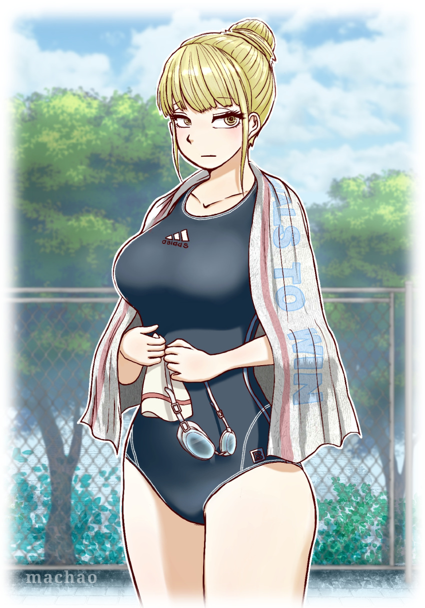 1girl artist_name black_one-piece_swimsuit blonde_hair brand_name_imitation breasts cloud cloudy_sky collarbone day fence goggles hair_bun highres holding holding_goggles looking_at_viewer machao one-piece_swimsuit original outdoors sky solo standing swim_cap swimsuit towel towel_around_neck tree