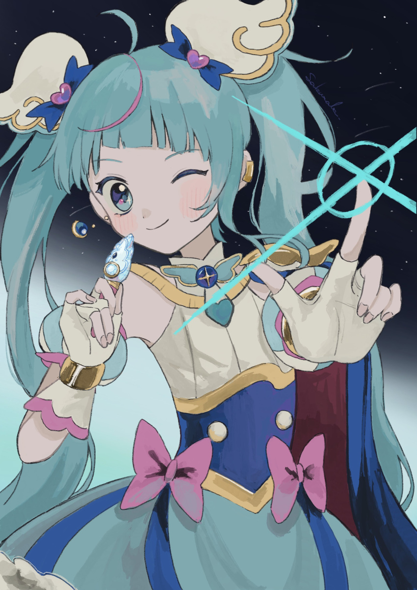 1girl absurdres ahoge blue_cape blue_eyes blue_hair brooch cape cure_sky detached_sleeves highres hirogaru_sky!_precure jewelry long_hair magical_girl mirage_pen one_eye_closed precure puffy_detached_sleeves puffy_sleeves sakuraba_wm single_sidelock sky_mirage solo sora_harewataru twintails two-sided_cape two-sided_fabric wing_brooch wing_hair_ornament