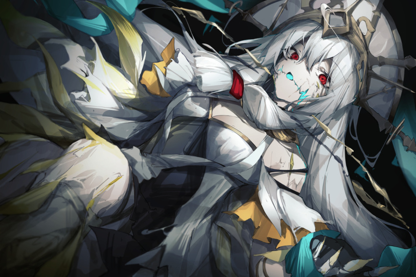 1girl ankoro_mochi aqua_ribbon arknights black_background blue_tongue breasts cleavage colored_tongue commentary dress empty_eyes expressionless gauntlets grey_headwear layered_dress long_hair looking_at_viewer lying off-shoulder_dress off_shoulder official_alternate_costume on_back phoenix_crown red_eyes ribbon scar scar_on_face scar_on_mouth simple_background skadi_(arknights) skadi_the_corrupting_heart_(arknights) skadi_the_corrupting_heart_(sublimation)_(arknights) solo white_dress white_hair