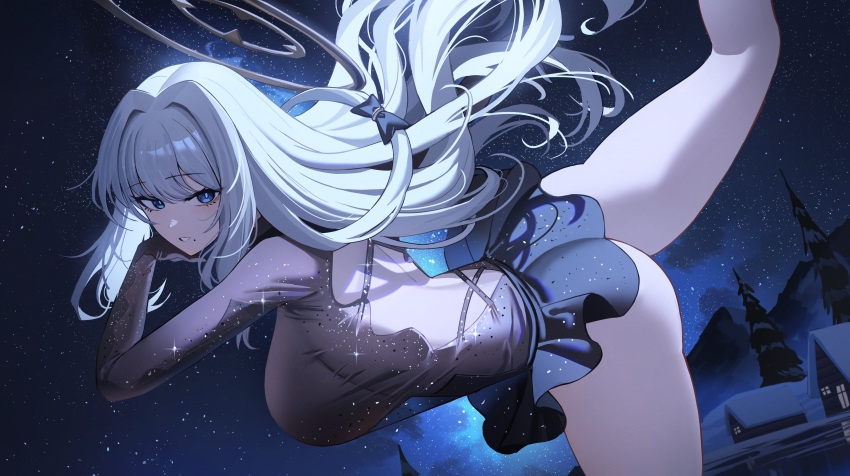 absurdres ass azur_lane back blue_bow blue_eyes blue_skirt blush bow breasts guichen_(azur_lane) hair_bow hair_ornament highres jeze large_breasts long_hair long_sleeves looking_at_viewer mole mole_under_mouth night parted_lips revision skirt sky smile snow solo standing standing_on_one_leg star_(sky) starry_sky thighs tree
