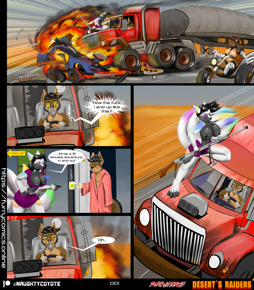 action anthro aurora_gaia_borealis canid canine canis casual_nudity coyote desert explosion female fox group hi_res ink_roo kangaroo macropod male mammal marsupial smartwhitefang truck_(vehicle) vehicle violence weapon