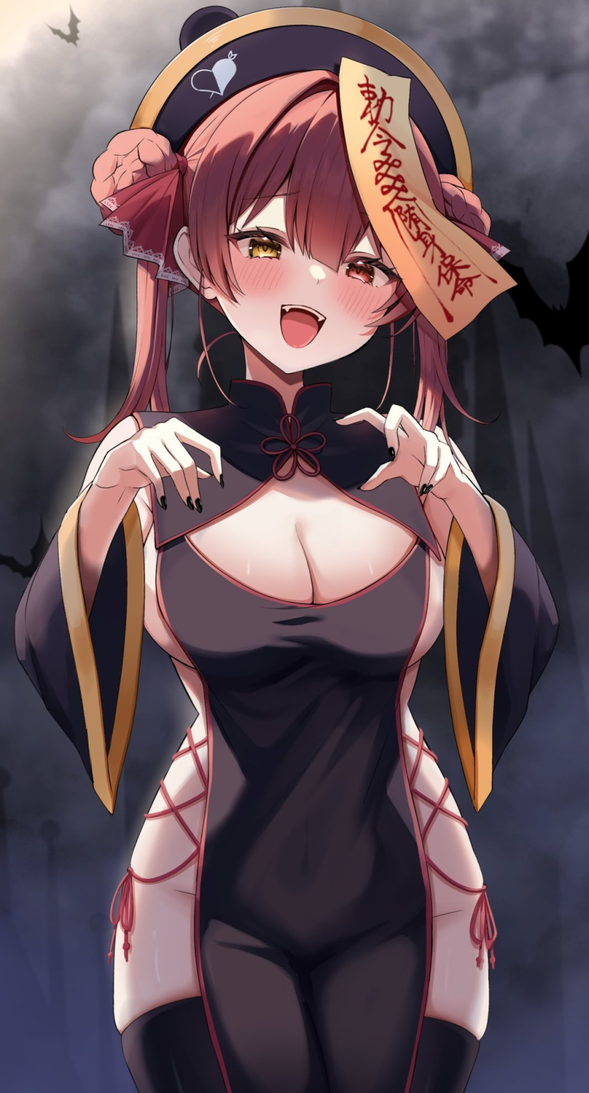 1girl :d alternate_costume bat_(animal) black_nails black_thighhighs breasts china_dress chinese_clothes covered_navel cowboy_shot detached_sleeves double_bun dress ghost_pose hair_bun hands_up hat heterochromia highres hololive houshou_marine jiangshi jiangshi_costume large_breasts pelvic_curtain qing_guanmao red_eyes red_hair shinonome_shino_(artist) skindentation smile solo talisman thighhighs thighs twintails virtual_youtuber wide_sleeves yellow_eyes