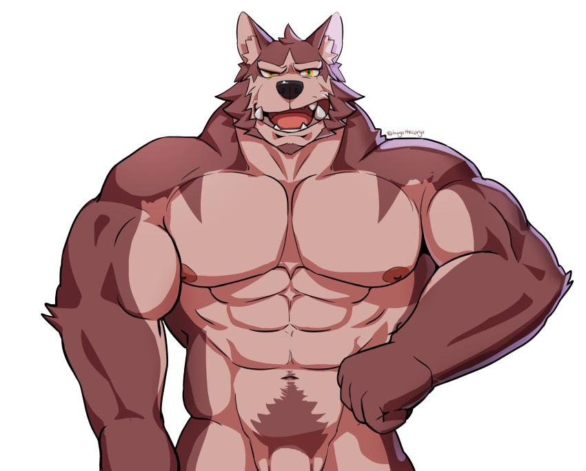 2022 abs absurd_res anthro artist_name biceps canid canine canis facial_hair fangs fur genitals goatee hi_res hugothecorgo looking_at_viewer male mammal muscular muscular_anthro muscular_male nipples obliques open_mouth pecs penis pubes red_body red_fur rou_(radcanine) sideburns simple_background solo teeth white_background wolf yellow_eyes