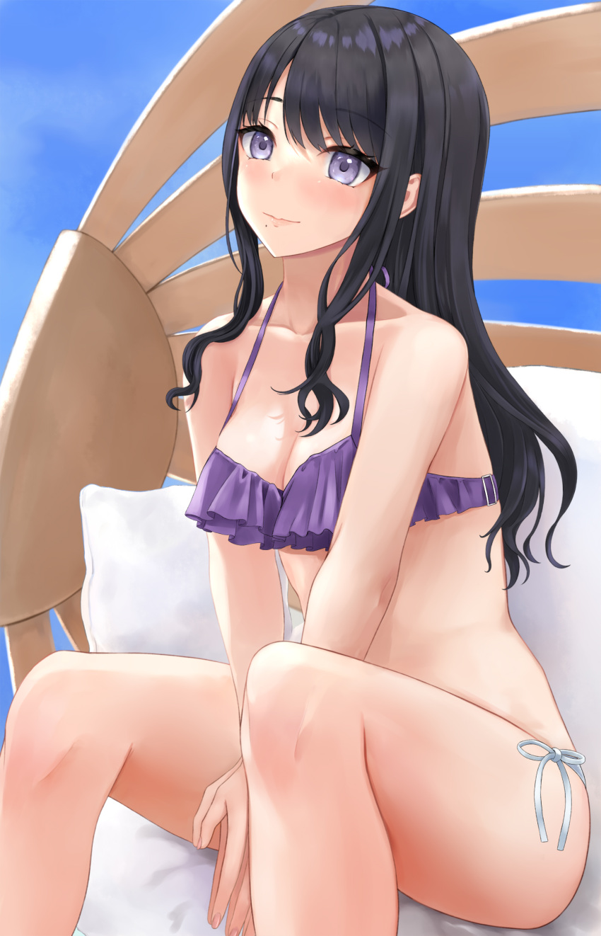 1girl arms_between_legs bikini black_hair blue_sky blush breasts cleavage collarbone feet_out_of_frame highres idolmaster idolmaster_shiny_colors kazano_hiori light_smile looking_at_viewer medium_breasts mismatched_bikini mole mole_under_mouth mossan_(mossan-777) purple_eyes side-tie_bikini_bottom sitting sky solo swimsuit