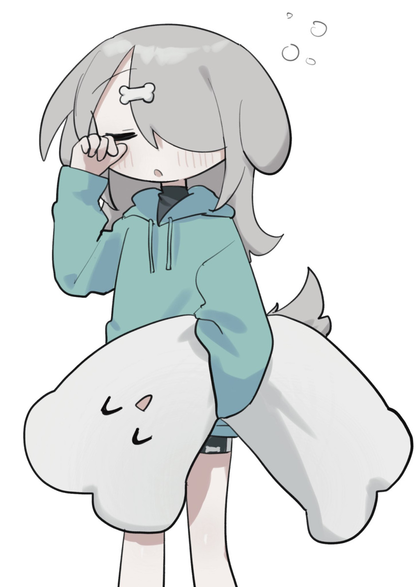 1girl @_@ animal_ears black_shirt black_shorts bone_hair_ornament dog_ears dog_girl dog_tail green_hoodie grey_hair hair_ornament highres hood hoodie nuinuiwawan nuinuiwawan_(character) original pillow shirt shorts sleepy tail