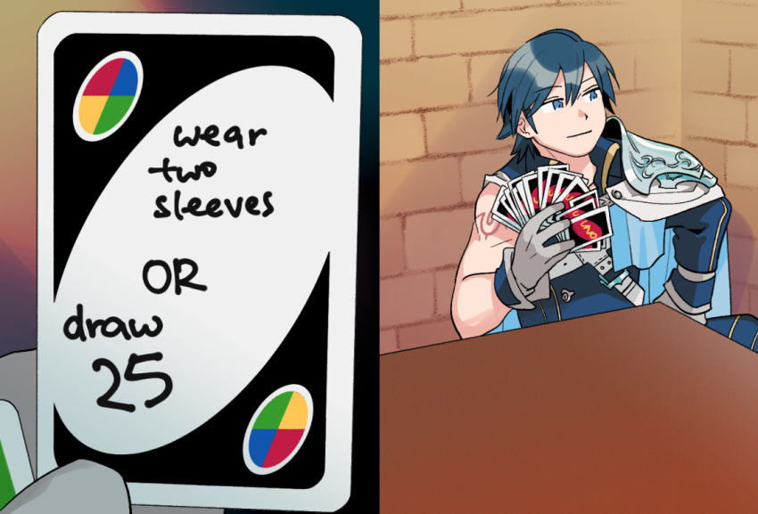 1boy armor blue_eyes cape card chrom_(fire_emblem) closed_mouth commentary english_commentary english_text fire_emblem fire_emblem_awakening gloves grey_gloves holding holding_card indoors looking_to_the_side male_focus oneroom-disco playing_card pov short_hair shoulder_tattoo single_sleeve solo_focus table tattoo uno_(game) white_cape