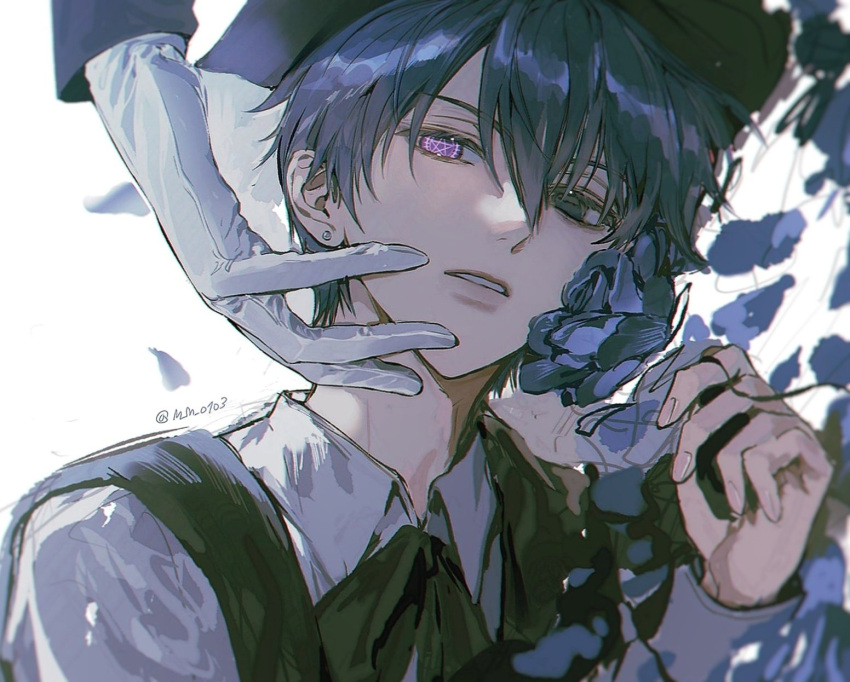 2boys artist_name black_bow black_eyes black_vest blue_flower blue_hair blue_petals blue_rose bow bowtie ciel_phantomhive collared_shirt dark_blue_hair earrings falling_petals flower gloves hair_between_eyes hand_on_another's_face heterochromia highres jewelry kuroshitsuji long_sleeves looking_at_viewer lying m_m_pb male_focus multiple_boys on_side out_of_frame parted_lips petals purple_eyes rose sebastian_michaelis shirt short_hair simple_background solo_focus star_(symbol) star_in_eye symbol_in_eye upper_body vest white_background white_gloves white_petals white_shirt