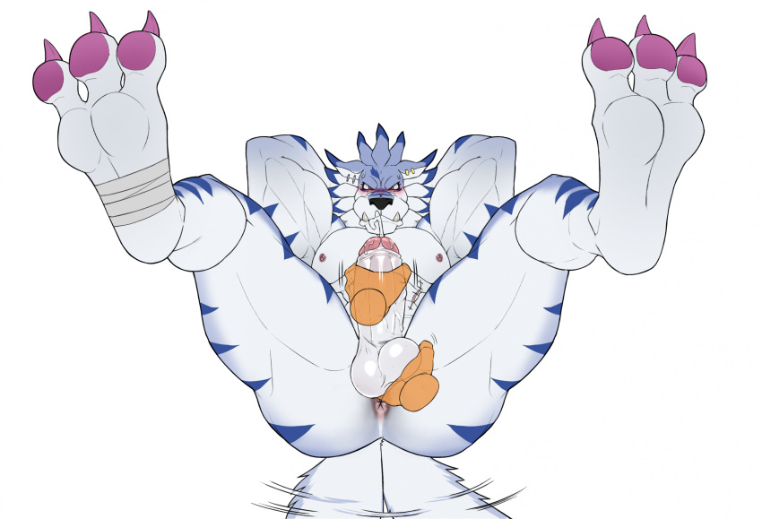 anthro anus ball_fondling balls bandai_namco blush butt colored_nails digimon digimon_(species) disembodied_hand duo erection fondling genitals handjob hi_res male muscular muscular_anthro muscular_male nails nipples pecs penile penis sex seyrmo tail tail_motion tailwag weregarurumon