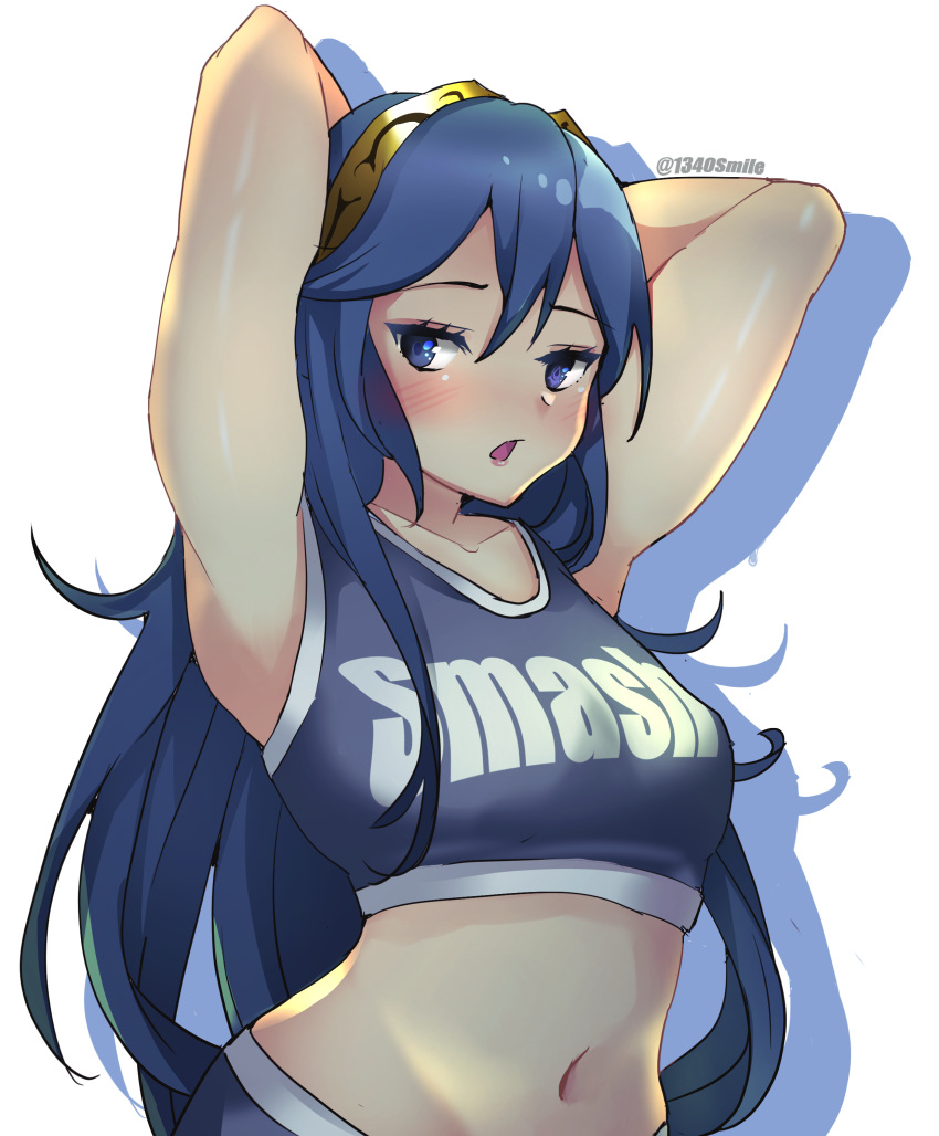 1340smile 1girl absurdres armpits arms_up bare_shoulders blue_eyes blue_hair breasts clothes_writing commentary crop_top fire_emblem fire_emblem_awakening hairband highres long_hair looking_at_viewer lucina_(fire_emblem) midriff navel open_mouth small_breasts solo sports_bra stomach upper_body very_long_hair