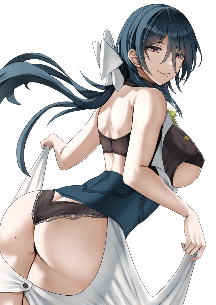 1girl absurdres ass bare_arms bare_shoulders black_panties blue_hair breasts commentary_request cowboy_shot hair_between_eyes highres honkai:_star_rail honkai_(series) large_breasts long_hair looking_at_viewer mchiefy mole mole_under_mouth natasha_(honkai:_star_rail) panties purple_eyes simple_background smile solo standing underwear white_background