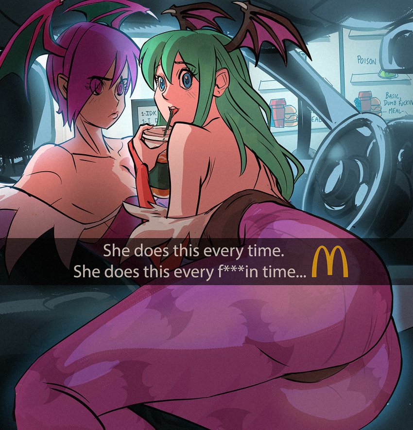2girls ass bare_shoulders black_leotard blue_eyes breasts bridal_gauntlets car_interior commentary cup davecavedraws demon_girl disposable_cup drive-thru driving english_commentary gloves green_hair he_wants_to_order_(meme) head_wings highres leotard lilith_aensland long_hair looking_at_another looking_at_viewer looking_back mcdonald's medium_breasts meme morrigan_aensland multiple_girls orange_gloves pantyhose print_pantyhose purple_eyes purple_hair purple_pantyhose short_hair siblings sisters snapchat strapless strapless_leotard vampire_(game) wings
