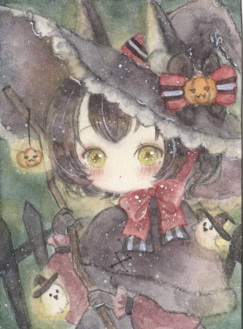 1girl :o animal_ears black_bow black_capelet black_gloves black_hair black_headwear blush_stickers bow bowtie capelet cat_ears dress fence frilled_hat frilled_sleeves frills ghost gloves green_background green_eyes grey_dress halloween hat hat_bow highres holding holding_staff jack-o'-lantern_hat_ornament long_sleeves original painting_(medium) parted_lips polka_dot_bowtie puffy_long_sleeves puffy_sleeves red_bow red_bowtie red_sleeves short_hair signature solo staff tato_(kunikida-3) traditional_media two-tone_bow upper_body watercolor_(medium) witch witch_hat
