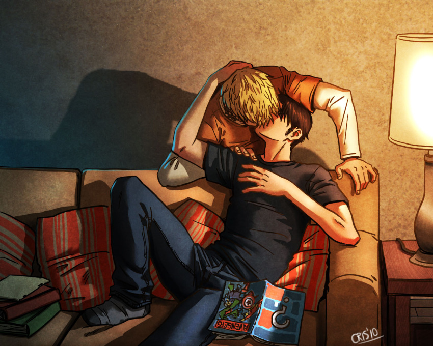 2boys bara black_hair blonde_hair book book_stack couch couple cris_art denim grey_socks hand_on_another's_head hulkling jeans kiss lamp layered_shirt long_sideburns magazine_(object) male_focus marvel multiple_boys on_couch pants pillow shirt short_hair sideburns socks t-shirt thick_eyebrows wiccan yaoi