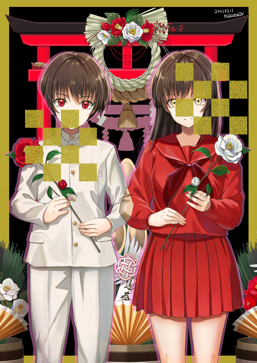 1boy 1girl black_background border brown_border brown_eyes brown_hair closed_mouth commentary_request dated flower gakuran hair_between_eyes highres holding holding_flower jacket kadomatsu kuzumochi_(kuzumochiya) long_hair long_sleeves looking_at_viewer neckerchief original pants pleated_skirt puffy_long_sleeves puffy_sleeves red_eyes red_flower red_neckerchief red_sailor_collar red_serafuku red_shirt red_skirt sailor_collar school_uniform serafuku shirt signature skirt smile standing torii white_flower white_jacket white_pants