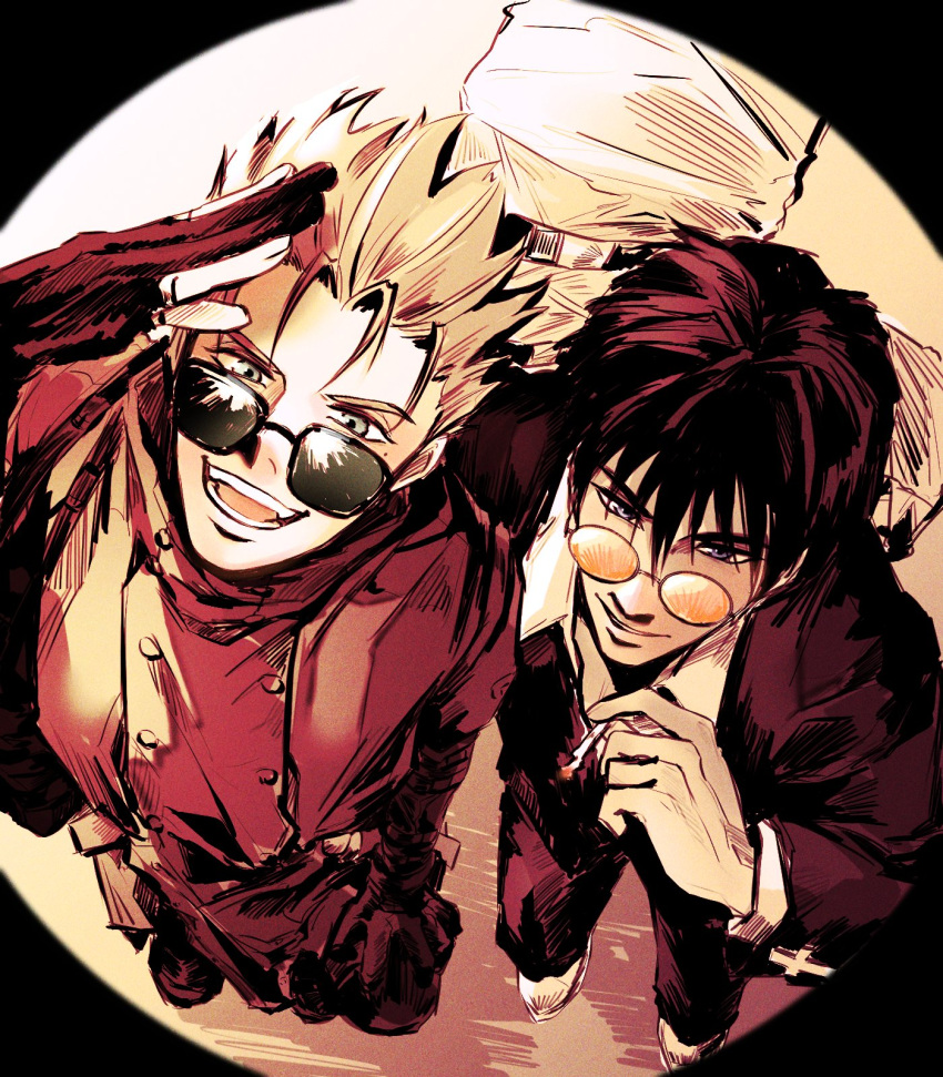 2boys bap2boyak black_hair blonde_hair blue_eyes cigarette coat cross friends happy highres mole mole_under_eye multiple_boys nicholas_d._wolfwood perspective red_coat salute sunglasses teeth trigun vash_the_stampede white_footwear