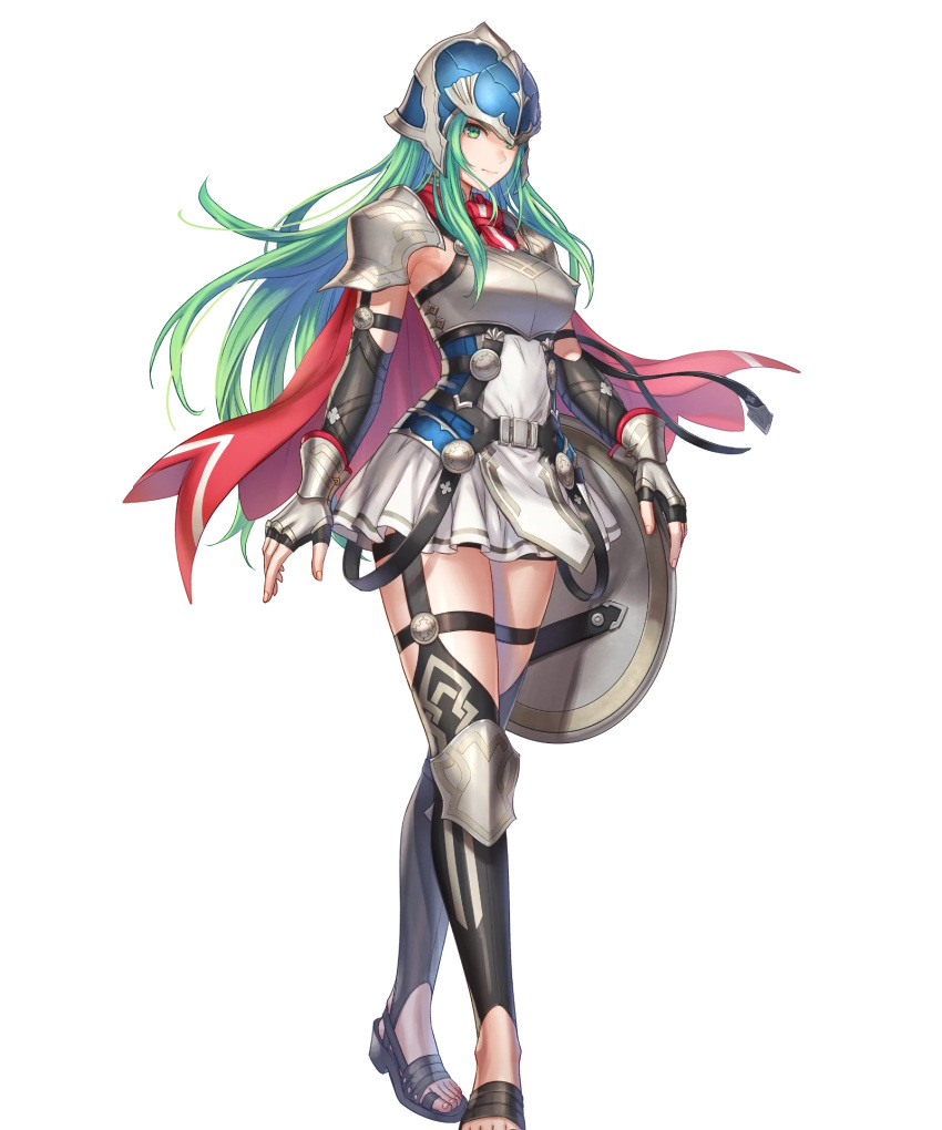 1girl anbe_yoshirou armor breastplate breasts cape capelet elbow_gloves fingerless_gloves fire_emblem fire_emblem:_path_of_radiance fire_emblem:_radiant_dawn fire_emblem_heroes gloves green_eyes helmet highres knee_pads long_hair medium_breasts nephenee_(fire_emblem) non-web_source official_art pelvic_curtain shield shoulder_armor skirt solo thigh_strap thighhighs toeless_footwear toenails toes transparent_background zettai_ryouiki