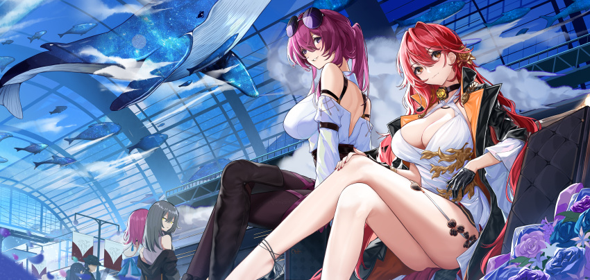 4girls :&lt; absurdres astral_express_(honkai:_star_rail) back back_cutout bare_shoulders black_choker black_coat black_footwear black_gloves blue_flower blue_rose blue_sky breasts choker cleavage clothing_cutout coat commentary_request criss-cross_halter crossed_legs dress eyewear_on_head feet_out_of_frame flower flower_choker flying_whale gloves golden_rose grey_hair hair_flower hair_ornament halterneck hand_on_own_knee high-waist_shorts highres himeko_(honkai:_star_rail) honkai:_star_rail honkai_(series) kafka_(honkai:_star_rail) long_hair long_sleeves looking_at_viewer march_7th_(honkai:_star_rail) multiple_girls na2cl off_shoulder open_clothes open_coat pantyhose people pink_hair ponytail purple_eyes purple_flower purple_hair purple_rose red_hair red_nails rose round_eyewear shirt shorts sitting sky sleeveless sleeveless_shirt smile stelle_(honkai:_star_rail) sunglasses trailblazer_(honkai:_star_rail) train_station very_long_hair whale white_dress white_shirt