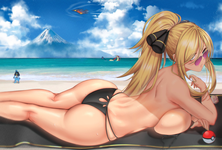 1girl absurdres anima_(togashi) ass bare_arms bare_shoulders beach beach_towel bikini bikini_bottom_only blue_sky breast_press breasts cleavage cloud cloudy_sky commentary_request cynthia_(pokemon) day garchomp hair_ornament high_ponytail highres large_breasts long_hair looking_at_viewer looking_over_eyewear lucario lying milotic mountain ocean on_stomach outdoors parted_lips poke_ball pokemon pokemon_(creature) pokemon_(game) pokemon_dppt purple-tinted_eyewear sideboob simple_background sky sunglasses sweat sweatdrop swimsuit thighs tinted_eyewear topless towel water