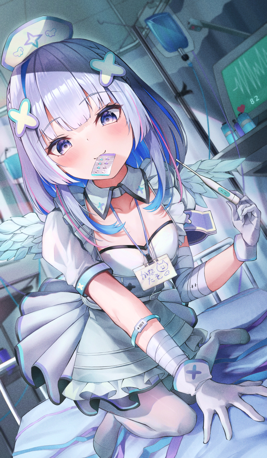 1girl absurdres all_fours amane_kanata angel_wings bandaged_arm bandages blue_eyes blue_hair blush cardiogram collar colored_inner_hair commentary_request detached_collar dress feathered_wings frilled_dress frills gloves grey_hair hair_ornament hat highres holding holding_thermometer hololive id_card indoors intravenous_drip lanyard looking_at_viewer medium_hair mini_wings mouth_hold multicolored_hair nishiro_hato no_shoes nurse nurse_cap pantyhose pill pink_hair short_sleeves sidelocks single_hair_intake solo streaked_hair thermometer virtual_youtuber white_collar white_dress white_gloves white_headwear white_pantyhose white_wings wings x_hair_ornament