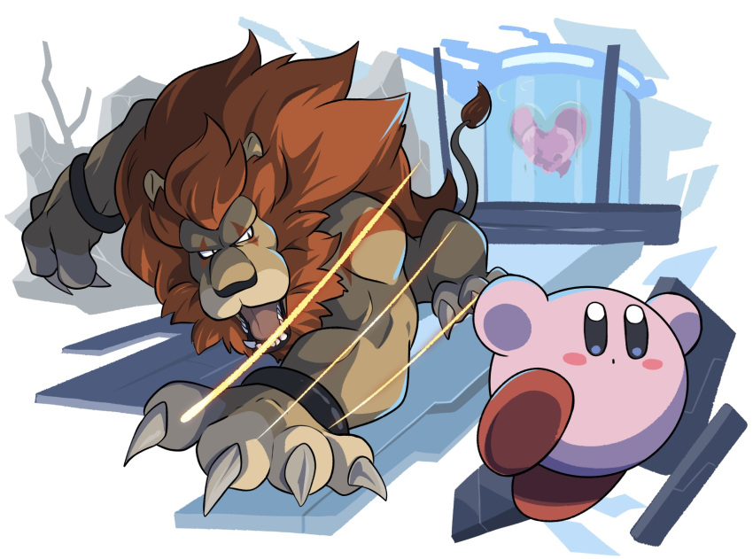 animal_ears battle blush_stickers claws colored_skin debris fangs fecto_forgo fecto_forgo_(larva) furry furry_male highres kirby kirby_(series) kirby_and_the_forgotten_land leongar lion_ears lion_tail mane open_mouth pink_skin poyo_party solid_oval_eyes tail wrist_cuffs