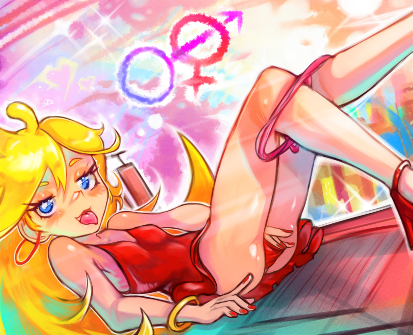 1girl absurdres ass bare_arms bare_shoulders blonde_hair blue_eyes blush bracelet breasts dress earrings from_side hair_between_eyes high_heels highres hoop_earrings jewelry long_hair mars_symbol nail_polish onimiere panties panty_&amp;_stocking_with_garterbelt panty_(psg) panty_pull pink_panties red_dress red_footwear red_nails shiny_skin short_dress small_breasts solo tongue tongue_out underwear venus_symbol