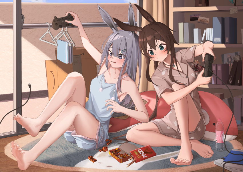 2girls absurdres alter_sang amiya_(arknights) animal_ears animal_print arknights arm_up bandaid bandaid_on_face bandaid_on_nose barefoot blue_eyes blue_shirt blue_shorts blush book bookshelf bottle brown_shirt brown_shorts cable cable_malfunction candy_wrapper clothes_hanger dorsiflexion feet food frostnova_(arknights) grey_hair hair_between_eyes hair_ornament hairclip highres indoors inflatable_orca inflatable_toy jewelry knee_up knees_up legs long_sleeves multiple_girls necklace playing_games pocky rabbit_ears rabbit_girl rabbit_print rug shirt shorts sitting soles thighs toenails toes v-shaped_eyebrows xbox_controller