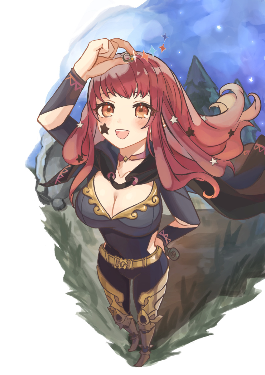 1girl absurdres belt black_cape blush bodysuit cape choker clothing_cutout collarbone facial_mark fire_emblem fire_emblem_engage from_above gold_belt hair_ornament highres kans0u55 long_hair looking_up pink_choker purple_bodysuit red_hair side_cutout solo star_(symbol) star_facial_mark star_hair_ornament yellow_belt yunaka_(fire_emblem)