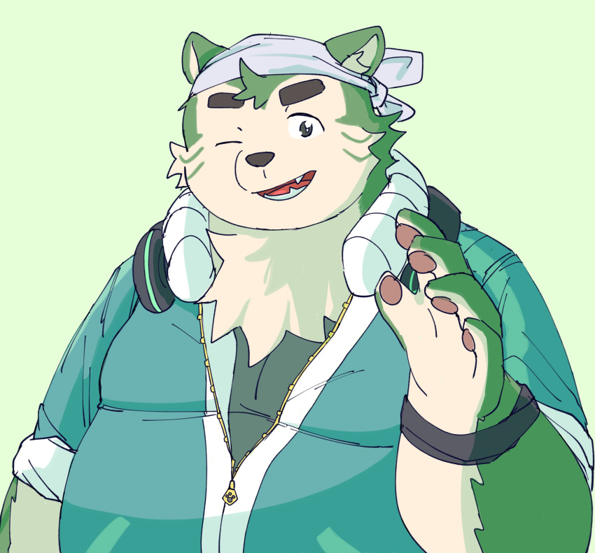 2023 absurd_res anthro bari_mu belly big_belly black_nose canid canine canis clothing domestic_cat domestic_dog felid feline felis green_background green_body headphones headphones_around_neck hi_res humanoid_hands kemono lifewonders live_a_hero male mammal mokdai one_eye_closed overweight overweight_male portrait shirt simple_background solo topwear wink