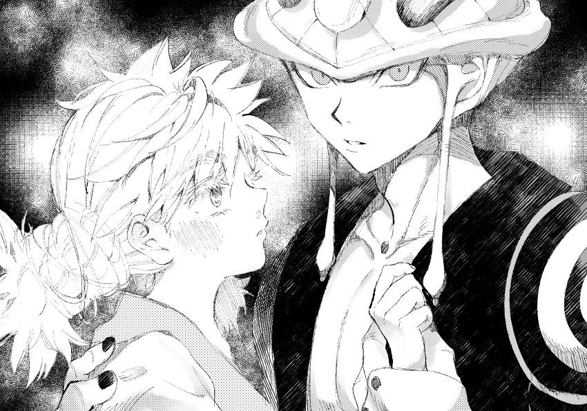 1boy 1girl arthropod_boy black_nails blind chimera_ant collarbone greyscale highres hunter_x_hunter komugi_(hunter_x_hunter) long_earlobes long_hair looking_at_another looking_at_viewer meco_hxh meruem monochrome nail_polish profile upper_body white_hair