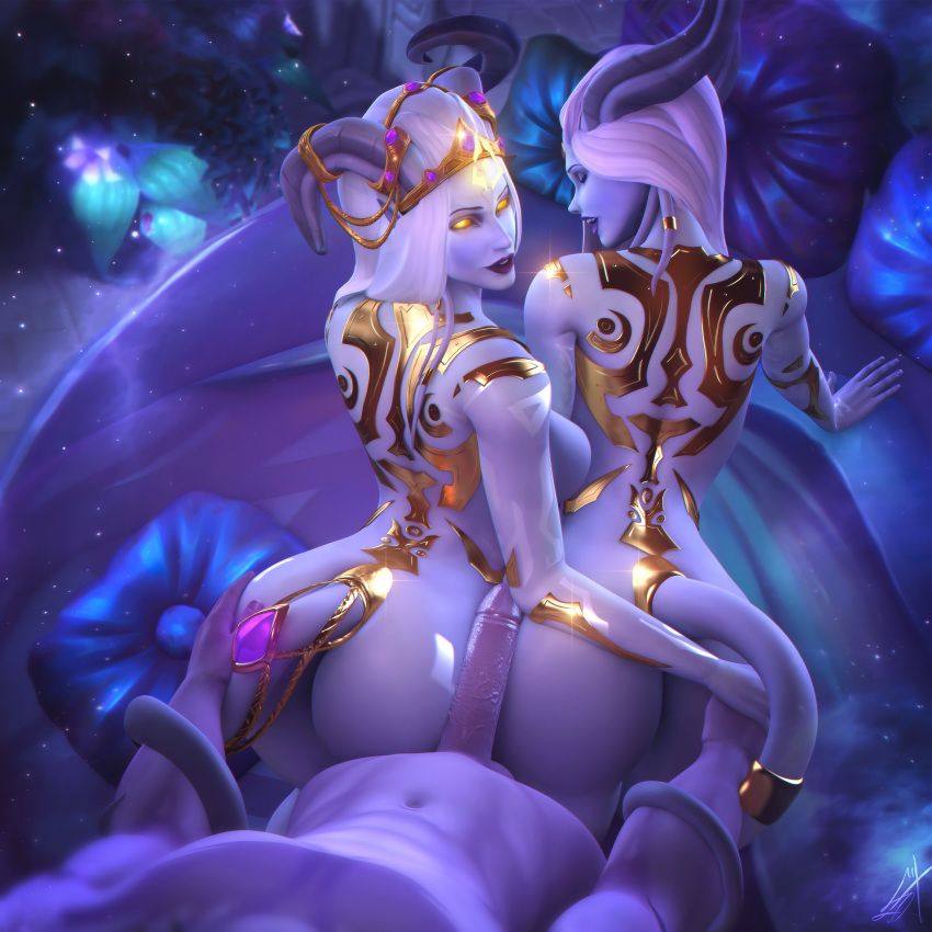 1:1 3d_(artwork) abs absurd_res accessory big_butt big_penis blizzard_entertainment breasts butt butt_grab collaborative collaborative_hot_dogging collaborative_sex digital_media_(artwork) draenei female female/female furgonomics genitals glowing glowing_eyes group hand_on_butt hi_res horn horn_jewelry hot_dogging humanoid jewelry lightforged_draenei lips looking_at_viewer looking_back male male/female markings penis sex tail tail_accessory tail_jewelry tail_wrapped thick_thighs thismelancholic trio warcraft wide_hips