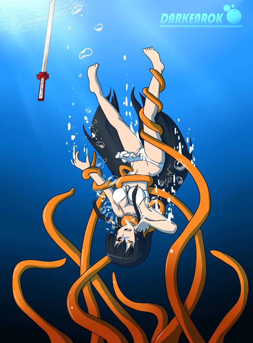 absurdres akame_(akame_ga_kill!) akame_ga_kill! asphyxiation bikini black_hair breasts commission copyright_request darkenrok drowning highres large_breasts long_hair swimsuit sword tentacles underwater waterfan weapon white_bikini