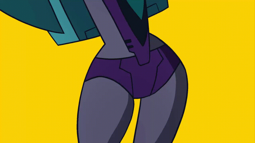 1girl animated animated_gif curvy grey_shorts humanoid_robot itstom06331391 kiss mechanical_wings narrow_waist panties purple_panties red_eyes robot science_fiction shorts simple_background slipstream_(transformers) smile solo thighs transformers transformers_animated underwear wings yellow_background