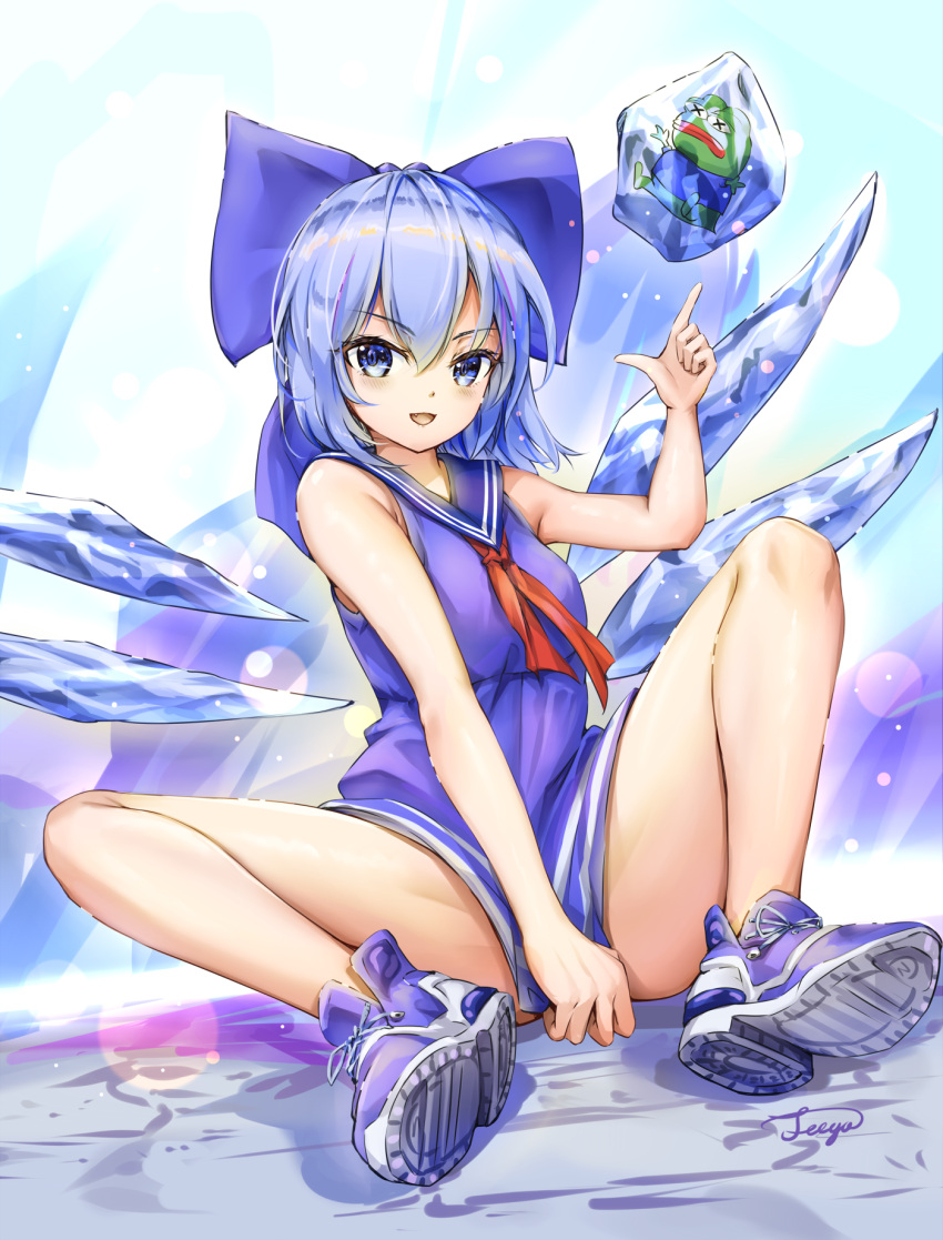 1girl blue_bow blue_dress blue_eyes blue_footwear blue_hair blue_sailor_collar blush bow boy's_club cirno crossover dress fairy fii_fii_(feefeeowo) hair_between_eyes hair_bow highres ice ice_wings looking_at_viewer neckerchief open_mouth pepe_the_frog red_neckerchief sailor_collar sailor_dress shoes short_hair sitting sleeveless sleeveless_dress smile sneakers solo touhou wings