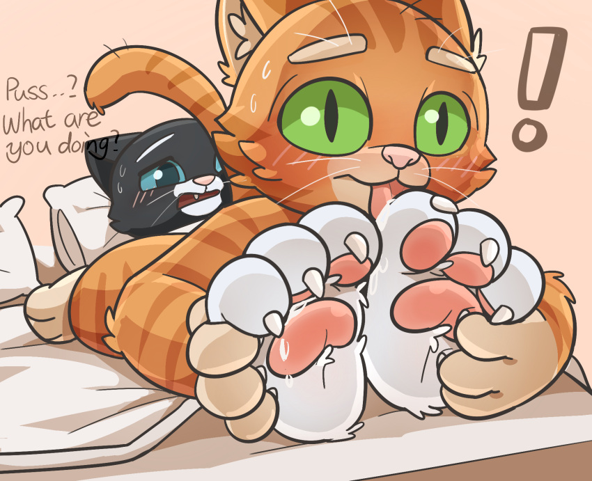 anthro blush bodily_fluids domestic_cat dreamworks duo feet felid feline felis female foot_fetish foot_grab foot_lick foot_play fur hi_res humanoid kitty_softpaws licking lying male male/female mammal pawpads paws puss_in_boots_(dreamworks) saliva sam0120 sleeping soles text tickling tickling_feet toes tongue tongue_out