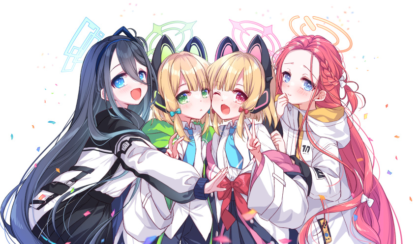 4girls :d ;d animal_ear_headphones animal_ears aris_(blue_archive) bangs black_hair black_shorts black_skirt blonde_hair blue_archive blue_bow blue_eyes blue_necktie blush bow braid closed_mouth collared_shirt commentary_request confetti dress_shirt fake_animal_ears forehead green_eyes hair_between_eyes hair_bow halo headphones highres hood hood_down hooded_jacket jacket long_hair midori_(blue_archive) momoi_(blue_archive) multiple_girls necktie off_shoulder one_eye_closed one_side_up open_clothes open_jacket pleated_skirt power_symbol red_bow red_eyes red_hair ringo_sui shirt shorts siblings simple_background sisters skirt smile twins very_long_hair white_background white_bow white_jacket white_shirt yuzu_(blue_archive)