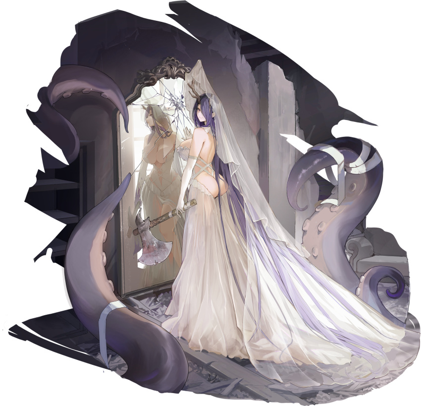 1girl absurdly_long_hair antlers ass axe azur_lane breasts bridal_veil broken_mirror different_reflection dress elbow_gloves gloves golden_hind_(azur_lane) golden_hind_(forlorn_femme_fatale)_(azur_lane) hair_between_ass highres holding holding_axe huge_breasts long_hair mirror official_alternate_costume official_art purple_hair reflection reindeer_antlers solo tentacles veil very_long_hair wedding_dress white_gloves