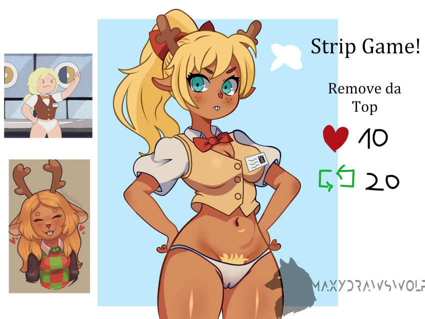 absurd_res adventure_time anthro blonde_hair breasts brown_body cartoon_network clothing deer deltarune female fionna_the_human freckles hair hi_res mammal maxydraws_wolf new_world_deer noelle_holiday panties reindeer solo undertale_(series) underwear