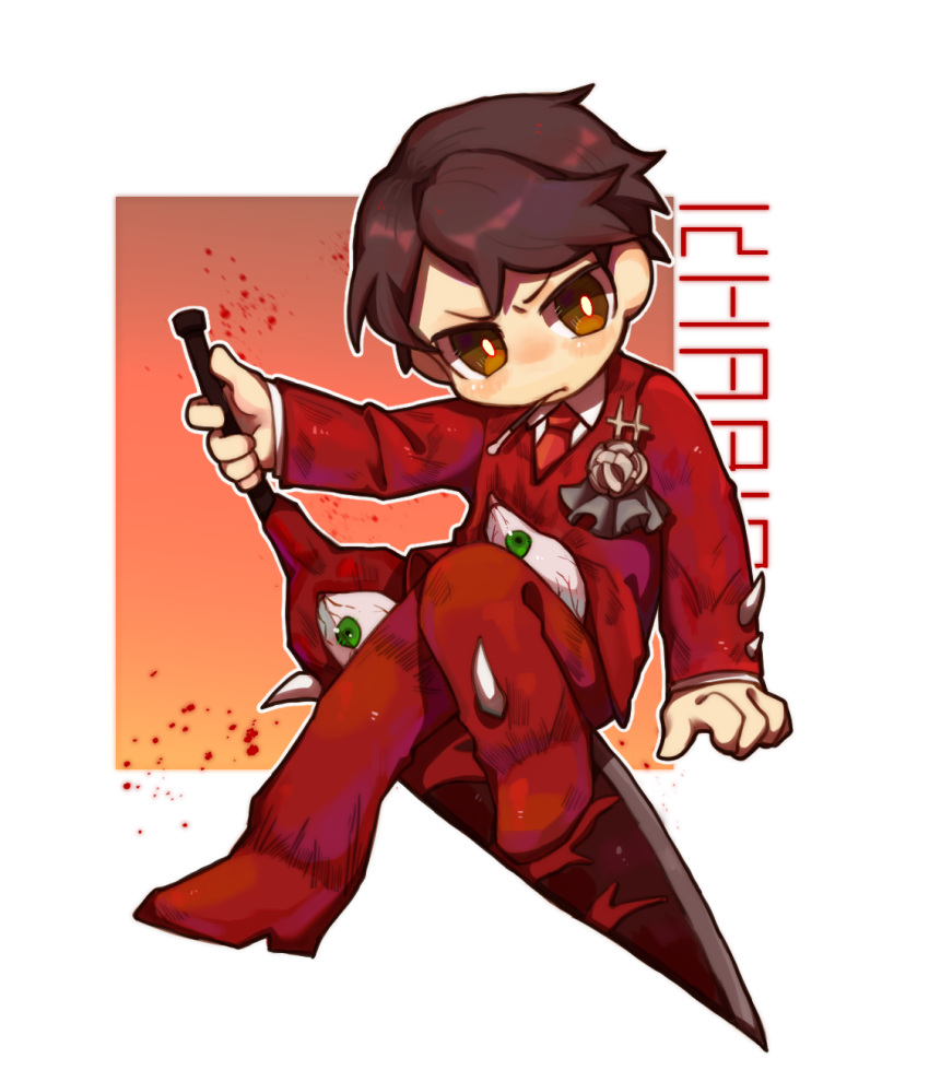 1boy bright_pupils brown_eyes brown_hair chibi collared_shirt commentary_request e.g.o_(project_moon) employee_(lobotomy_corporation) highres jacket lobotomy_corporation long_sleeves male_focus necktie pants project_moon red_jacket red_necktie red_pants rose_pin shirt short_hair solo tesna v-shaped_eyebrows white_hair white_pupils white_shirt